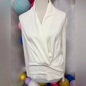 OGL Women’s Wrap Top Large Ivory Long Sleeve Twist Front Stretch Blouse